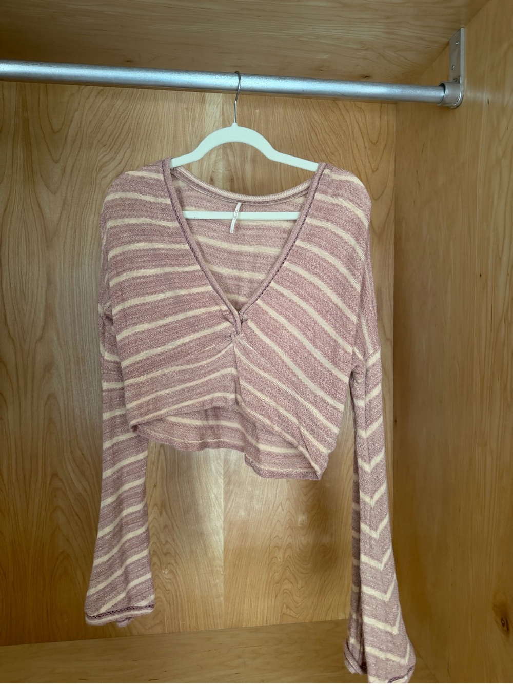 Free People Pink and Cream Striped Cropped V-Neck Long Sleeve Top